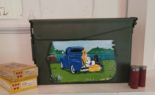 50 Cal Large Hand Painted Amo Box Labrador Retrievers In Truck Bed